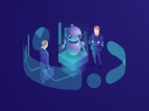 Isometric business concept of man thinking, crm system, artificial intelligence robot ai, consulting agency, smart technology progress, vector neon dark